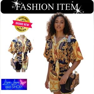 SHORT SET: 2Pc Black and Gold w/Greek Detailing, NWT